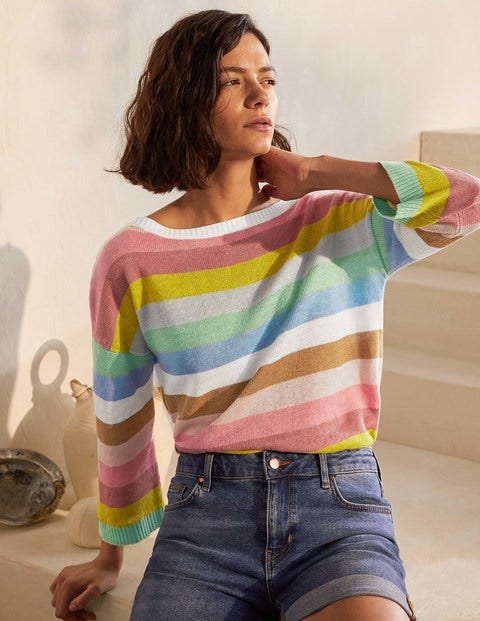 Faye Relaxed Linen Sweater - Soft Rainbow Stripe Faye Relaxed Linen Sweater - Soft Rainbow Stripe