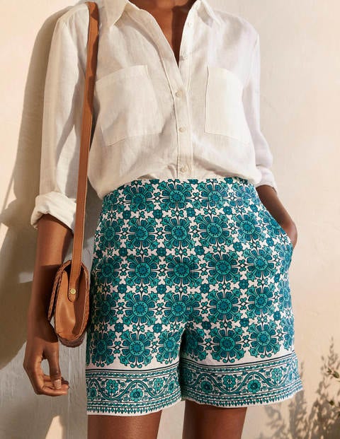 Georgina Linen Shorts - Indian Ocean, Flora Tile Georgina Linen Shorts - Indian Ocean, Flora Tile