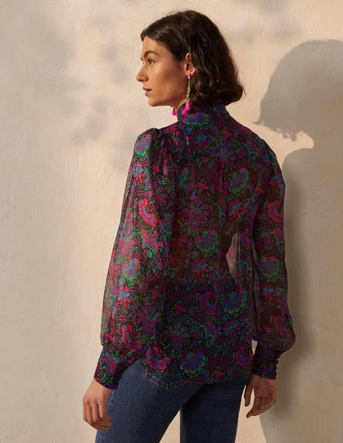 Rosaline Seidenbluse - Französisches Navy, Üppige Blüten Rosaline Seidenbluse - Französisches Navy, Üppige Blüten