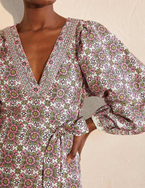 Bridget Belted Linen Dress - Ivory and Azalea, Flora Tile Bridget Belted Linen Dress - Ivory and Azalea, Flora Tile