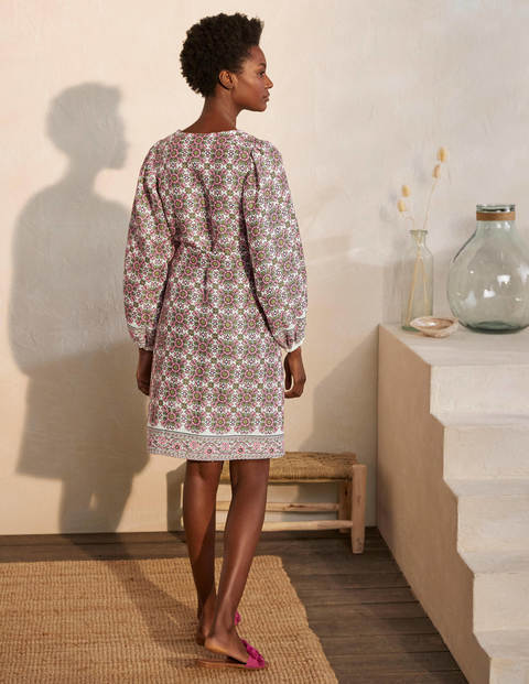 Bridget Belted Linen Dress - Ivory and Azalea, Flora Tile Bridget Belted Linen Dress - Ivory and Azalea, Flora Tile