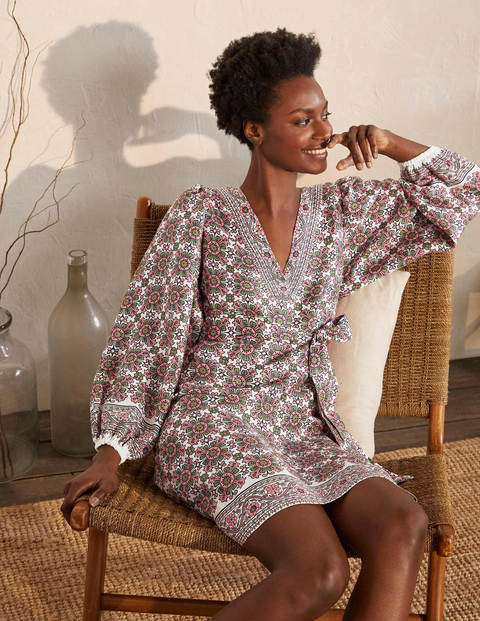 Bridget Belted Linen Dress - Ivory and Azalea, Flora Tile Bridget Belted Linen Dress - Ivory and Azalea, Flora Tile