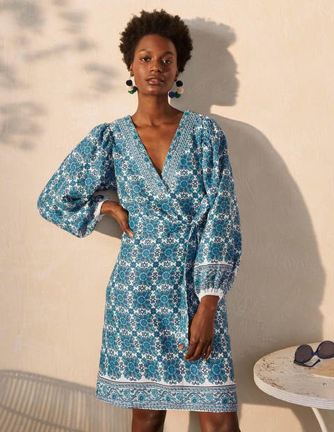 Bridget Belted Linen Dress - Indian Ocean, Flora Tile