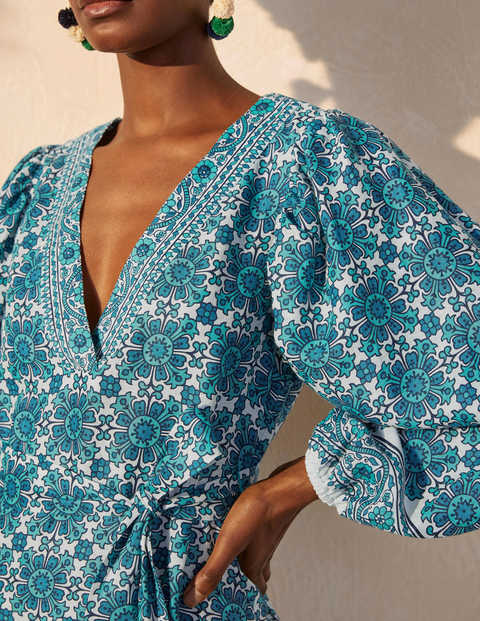 Bridget Belted Linen Dress - Indian Ocean, Flora Tile Bridget Belted Linen Dress - Indian Ocean, Flora Tile