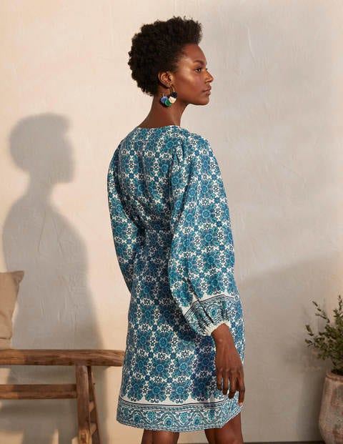 Bridget Belted Linen Dress - Indian Ocean, Flora Tile Bridget Belted Linen Dress - Indian Ocean, Flora Tile