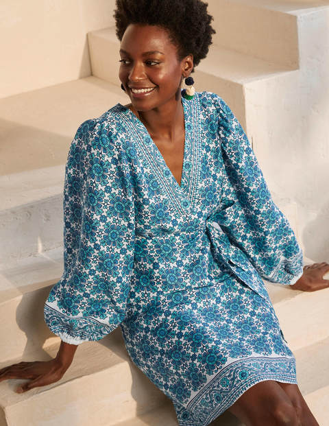 Bridget Belted Linen Dress - Indian Ocean, Flora Tile Bridget Belted Linen Dress - Indian Ocean, Flora Tile