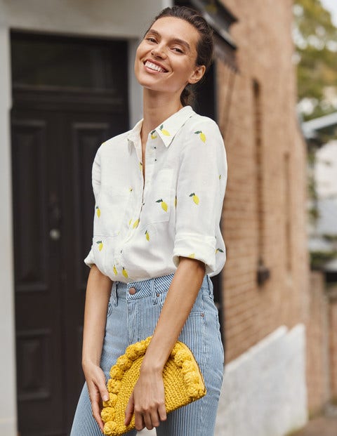 Embroidered Linen Shirt - White with Lemon Embroidery