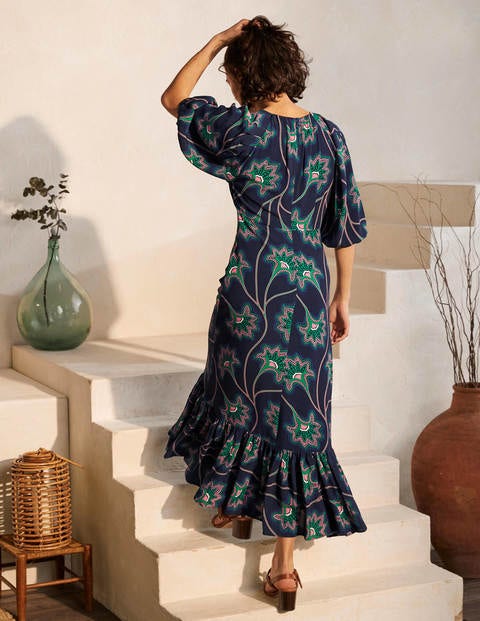 Claire Maxikleid mit Stufen - Navy, Blumenornamente Claire Maxikleid mit Stufen - Navy, Blumenornamente