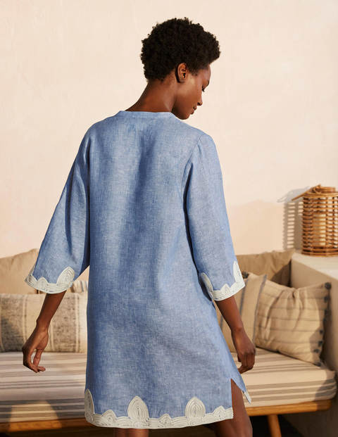 Bella Embroidered Linen Dress - Grey Blue Chambray/Ivory Bella Embroidered Linen Dress - Grey Blue Chambray/Ivory