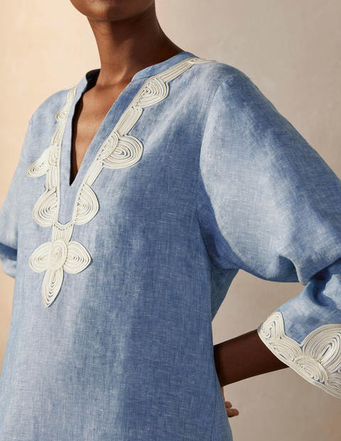 Bella Embroidered Linen Dress - Grey Blue Chambray/Ivory Bella Embroidered Linen Dress - Grey Blue Chambray/Ivory
