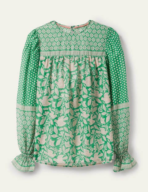 Blouse Gracie en coton - Vert feuille, motif Meadow Flight Blouse Gracie en coton - Vert feuille, motif Meadow Flight