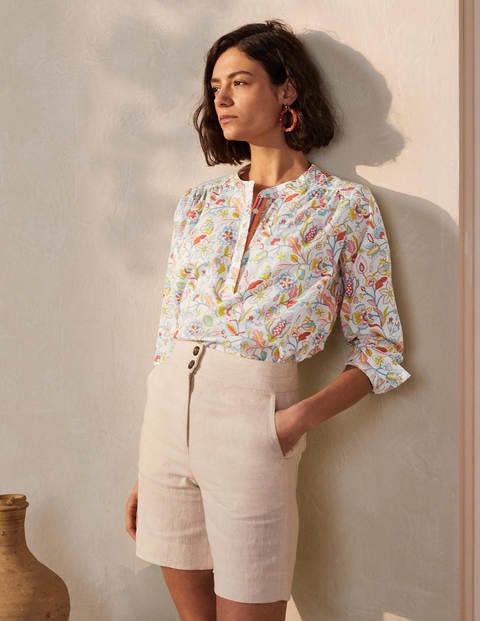 Relaxed Popover Cotton Shirt - Ivory, Kaleidoscopic Floral Relaxed Popover Cotton Shirt - Ivory, Kaleidoscopic Floral