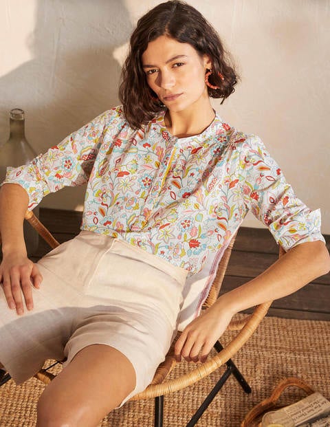 Relaxed Popover Cotton Shirt - Ivory, Kaleidoscopic Floral Relaxed Popover Cotton Shirt - Ivory, Kaleidoscopic Floral