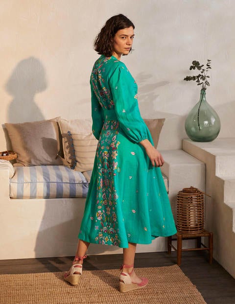 Addie Linen Midi Dress - Leafy Green, Placement Print Addie Linen Midi Dress - Leafy Green, Placement Print