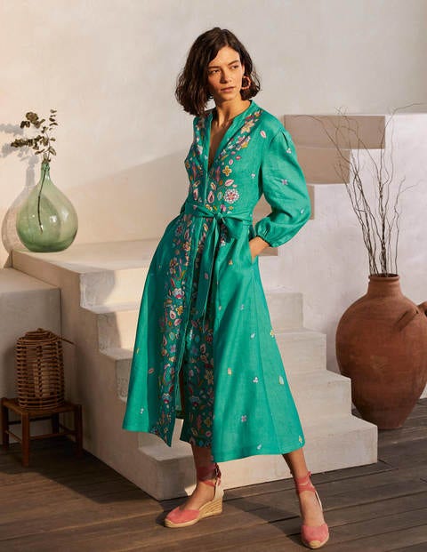 Addie Linen Midi Dress - Leafy Green, Placement Print Addie Linen Midi Dress - Leafy Green, Placement Print
