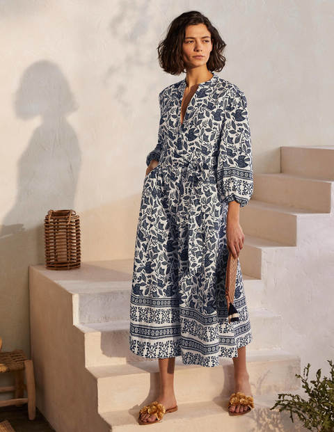 Robe midi Addie en lin - Ivoire, motif Meadow Flight Robe midi Addie en lin - Ivoire, motif Meadow Flight