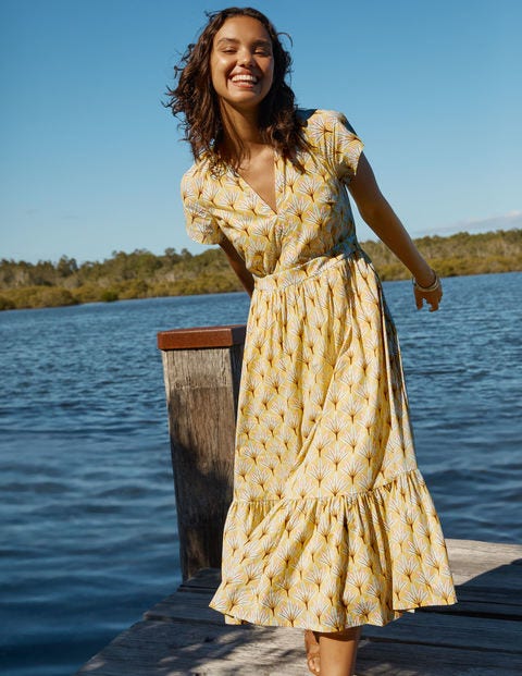 Bernadette Cotton Midi Dress - Corn Yellow, Intricate Leaf Bernadette Cotton Midi Dress - Corn Yellow, Intricate Leaf