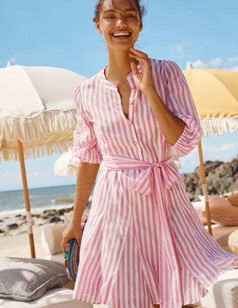 Puff Sleeve Cotton Dress - Party Pink Stripe Puff Sleeve Cotton Dress - Party Pink Stripe