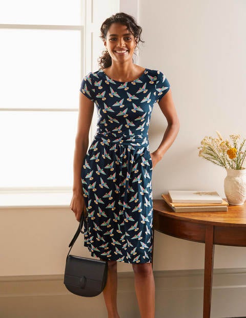 Amelie Jerseykleid - Navy, Exotische Vögel Amelie Jerseykleid - Navy, Exotische Vögel