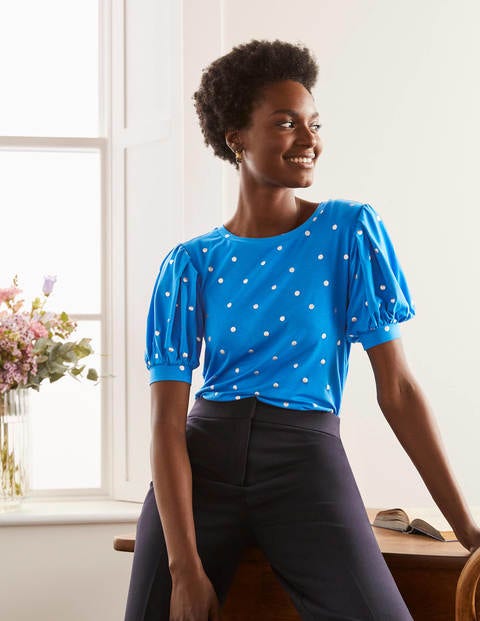 Holly Puff Sleeve Jersey Top - Moroccan Blue, Polka Dot Holly Puff Sleeve Jersey Top - Moroccan Blue, Polka Dot