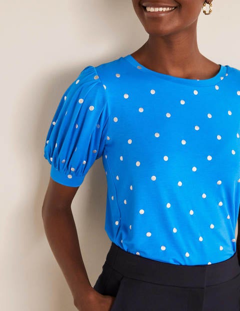 Holly Puff Sleeve Jersey Top - Moroccan Blue, Polka Dot Holly Puff Sleeve Jersey Top - Moroccan Blue, Polka Dot