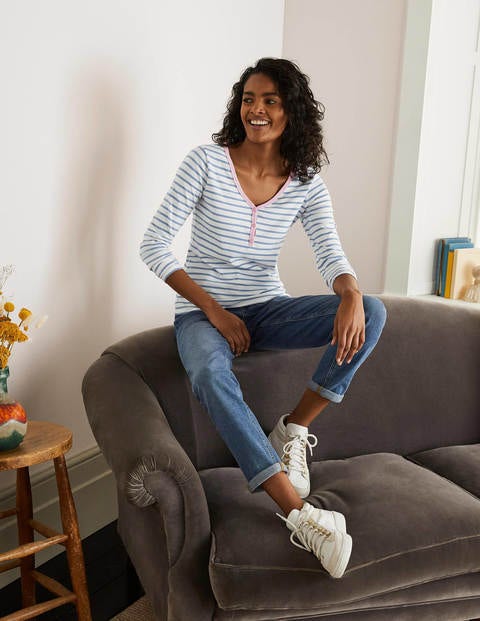 Theodora Jersey Henley Top - Ivory/Sea Mist Theodora Jersey Henley Top - Ivory/Sea Mist