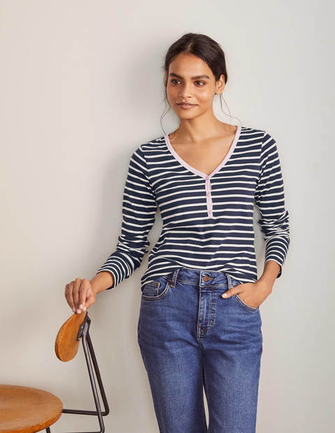 Theodora Jersey Henley Top - Navy/Ivory Theodora Jersey Henley Top - Navy/Ivory
