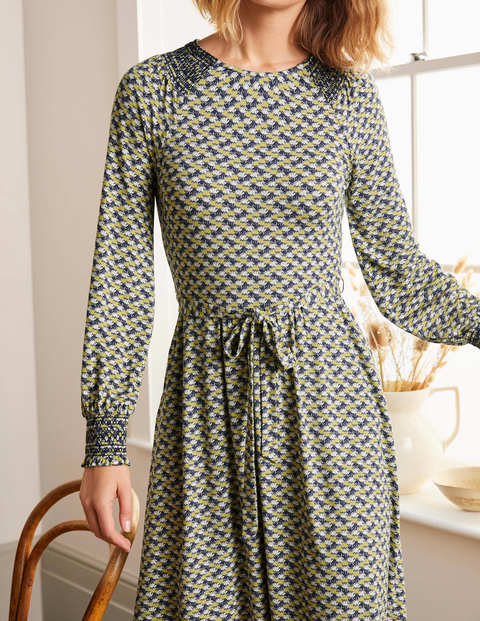 Grace Smocked Jersey Dress - Grey Squirrel, Water Lilies Grace Smocked Jersey Dress - Grey Squirrel, Water Lilies