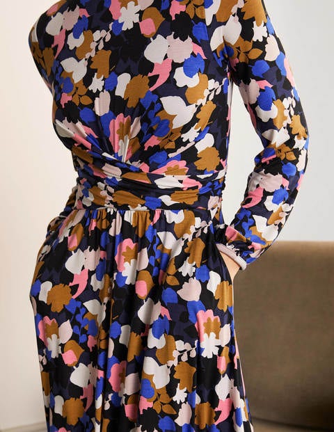 Jennifer Jersey Midi Dress - Navy and Azalea, Pressed Bloom Jennifer Jersey Midi Dress - Navy and Azalea, Pressed Bloom
