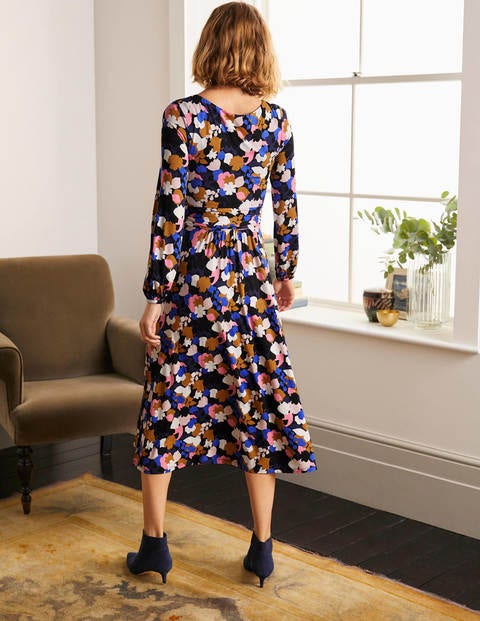 Jennifer Jersey Midi Dress - Navy and Azalea, Pressed Bloom Jennifer Jersey Midi Dress - Navy and Azalea, Pressed Bloom