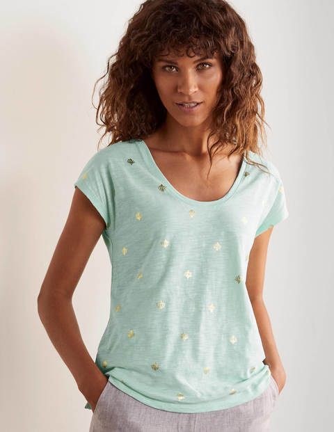 T-shirt fun à col V arrondi - Vert menthe, mosaïque corail