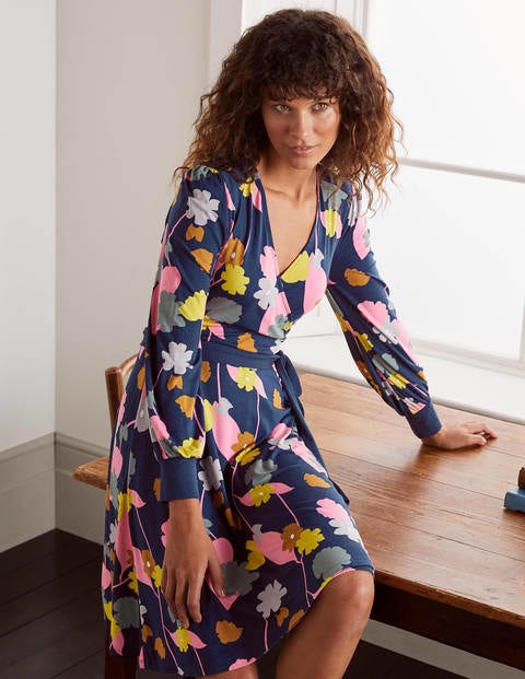 Edie Jersey Wrap Dress - Navy, Floral Press Edie Jersey Wrap Dress - Navy, Floral Press
