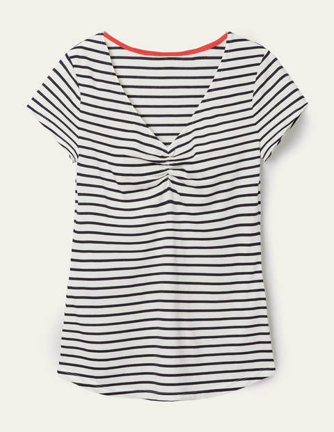 Superweiches T-Shirt mit gerafftem V-Ausschnitt - Naturweiß/Navy Superweiches T-Shirt mit gerafftem V-Ausschnitt - Naturweiß/Navy