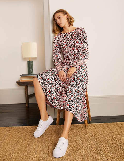 Naomi Smocked Jersey Dress - Black, Floral Pop Naomi Smocked Jersey Dress - Black, Floral Pop