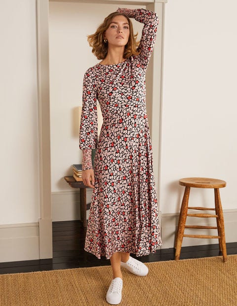 Naomi Smocked Jersey Dress - Black, Floral Pop Naomi Smocked Jersey Dress - Black, Floral Pop