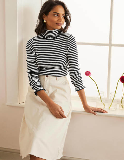 Frill Roll Neck Sweater - Navy, Ivory Stripe Frill Roll Neck Sweater - Navy, Ivory Stripe