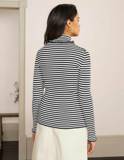Frill Roll Neck Sweater - Navy, Ivory Stripe Frill Roll Neck Sweater - Navy, Ivory Stripe