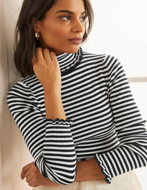 Frill Roll Neck Sweater - Navy, Ivory Stripe | Boden US