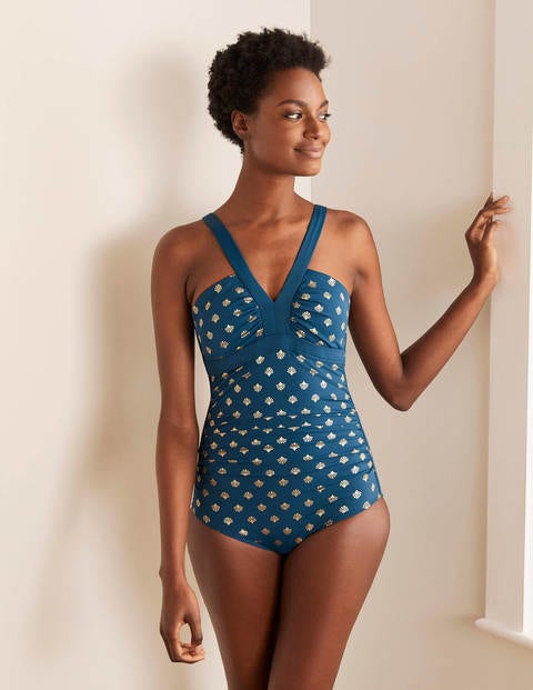 Corsica V-neck Swimsuit - Rich Teal and Gold, Coral Tile