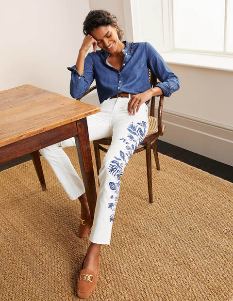 Girlfriend Jeans - White Embroidered Girlfriend Jeans - White Embroidered