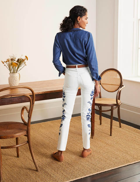 Girlfriend Jeans - White Embroidered Girlfriend Jeans - White Embroidered
