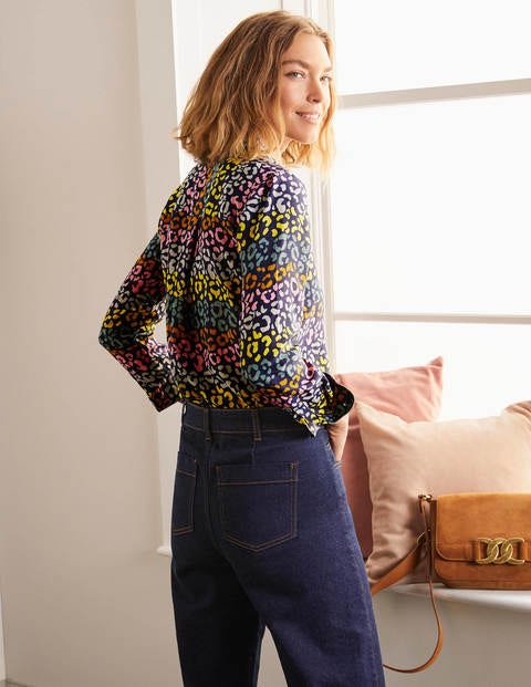 The Silk Shirt - French Navy, Rainbow Leopard The Silk Shirt - French Navy, Rainbow Leopard