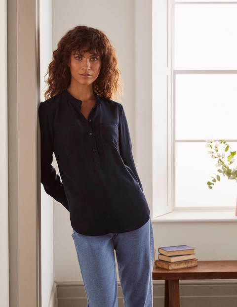 Silk Collarless Blouse - Navy Silk Collarless Blouse - Navy