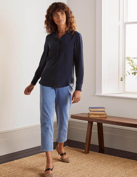 Silk Collarless Blouse - Navy Silk Collarless Blouse - Navy