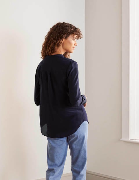 Silk Collarless Blouse - Navy Silk Collarless Blouse - Navy
