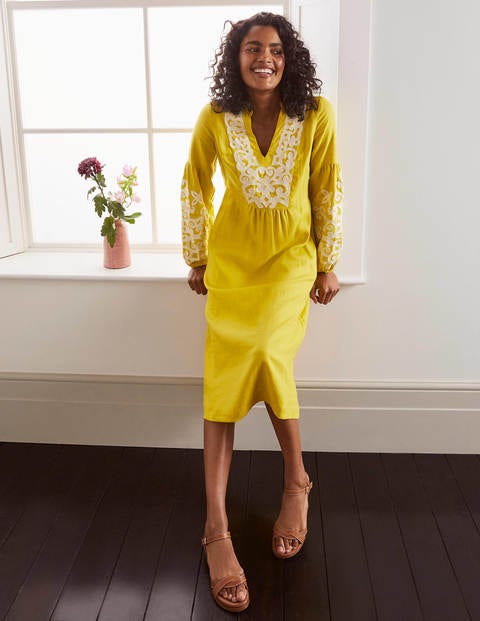 Leonie Embroidered Linen Dress - Chartreuse