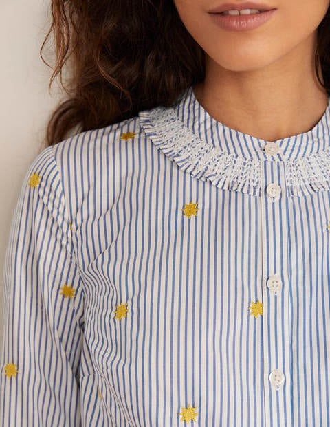 Caitlin Smocked Shirt - Ivory and Summit Stripe Caitlin Smocked Shirt - Ivory and Summit Stripe