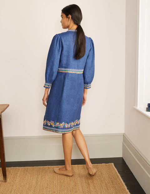 Dakota Embroidered Linen Dress - Mid Blue Delave Dakota Embroidered Linen Dress - Mid Blue Delave