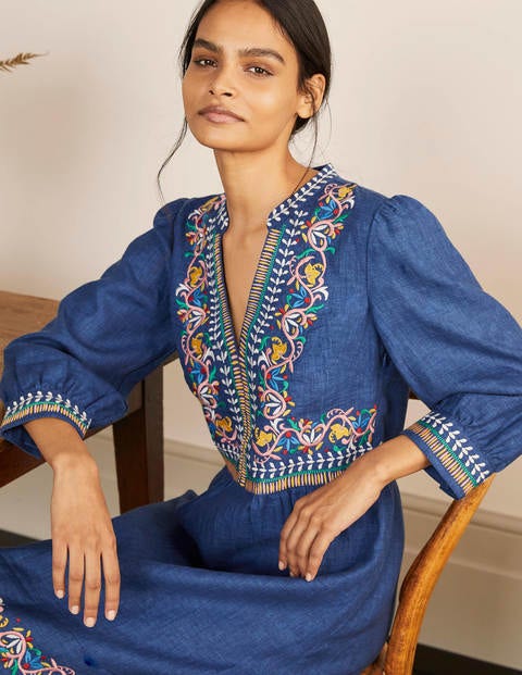 Dakota Embroidered Linen Dress - Mid Blue Delave Dakota Embroidered Linen Dress - Mid Blue Delave