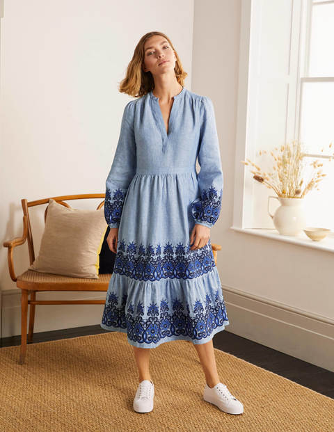 Eden Embroidered Linen Dress - Grey Blue Chambray Eden Embroidered Linen Dress - Grey Blue Chambray